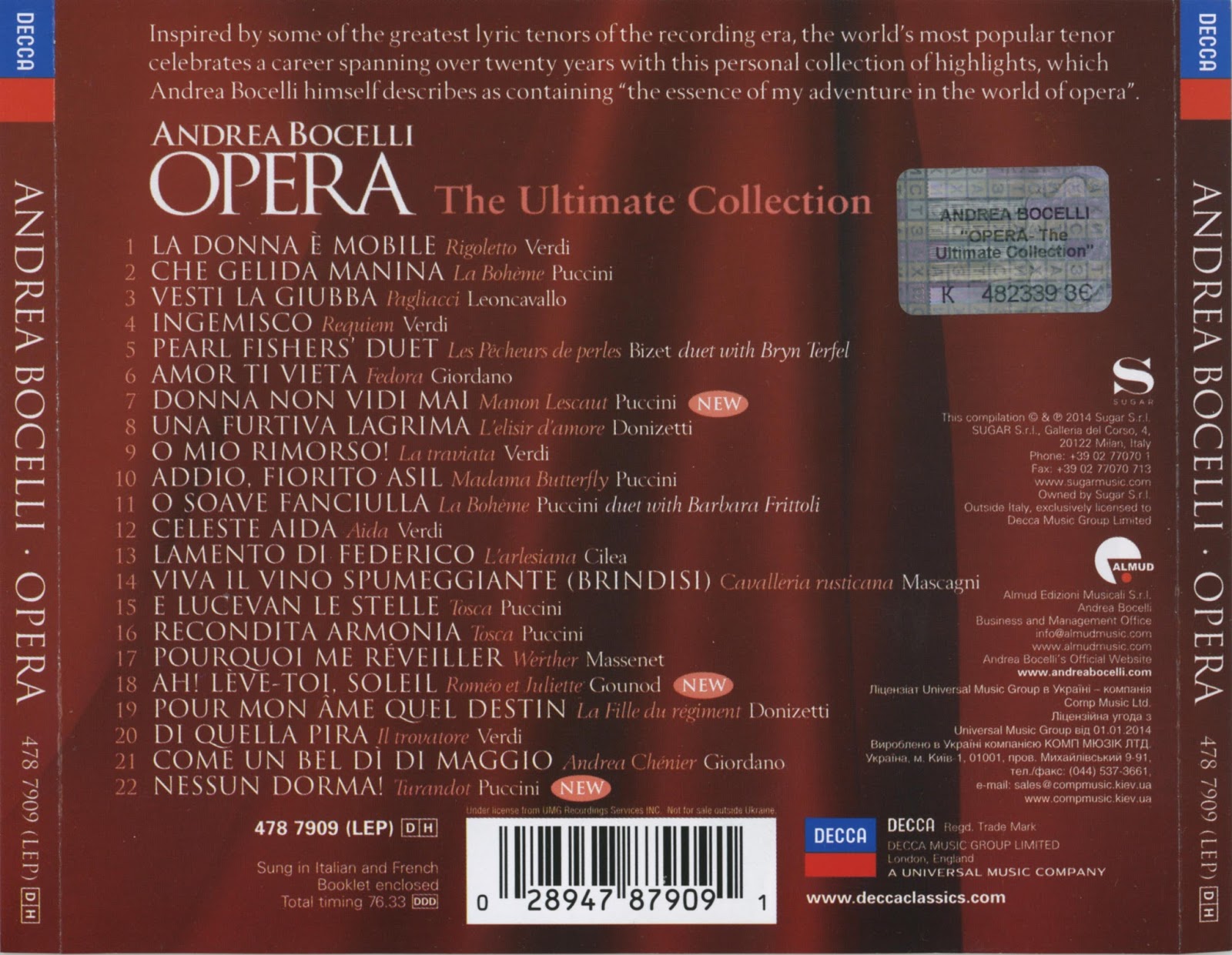 Music Of My Soul Andrea Bocelli2014OperaThe Ultimate Collection