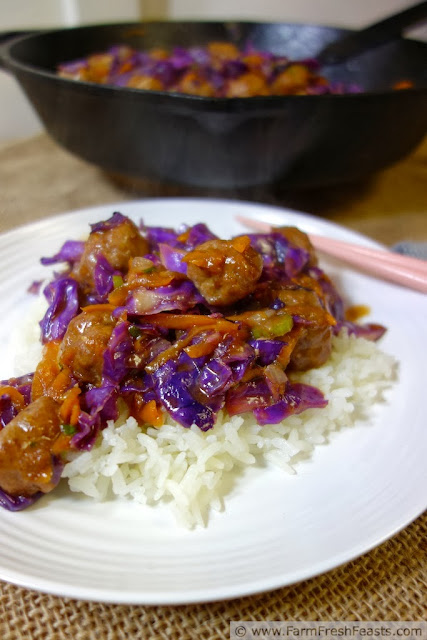 Orange Teriyaki Slaw Stir Fry with Orange Sriracha Turkey Meatballs | Farm Fresh Feasts