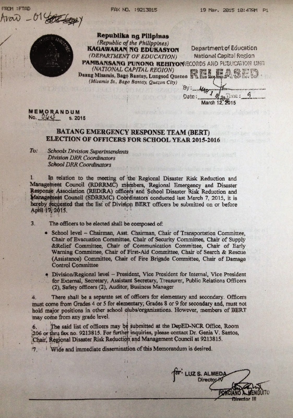 Department of Education Manila Division Memorandum No. 163 BATANG