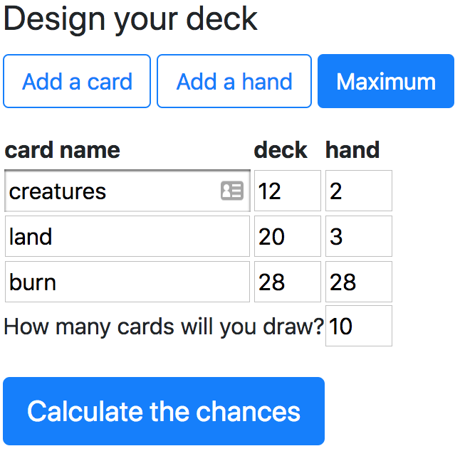Deckulator How to calculate with maximums