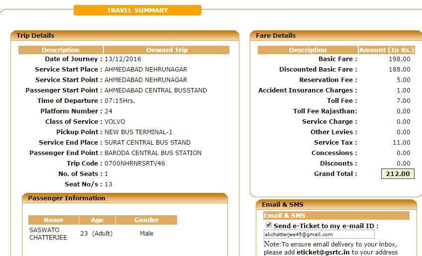 GSRTC Volvo Bus Ticket Booking Details Online