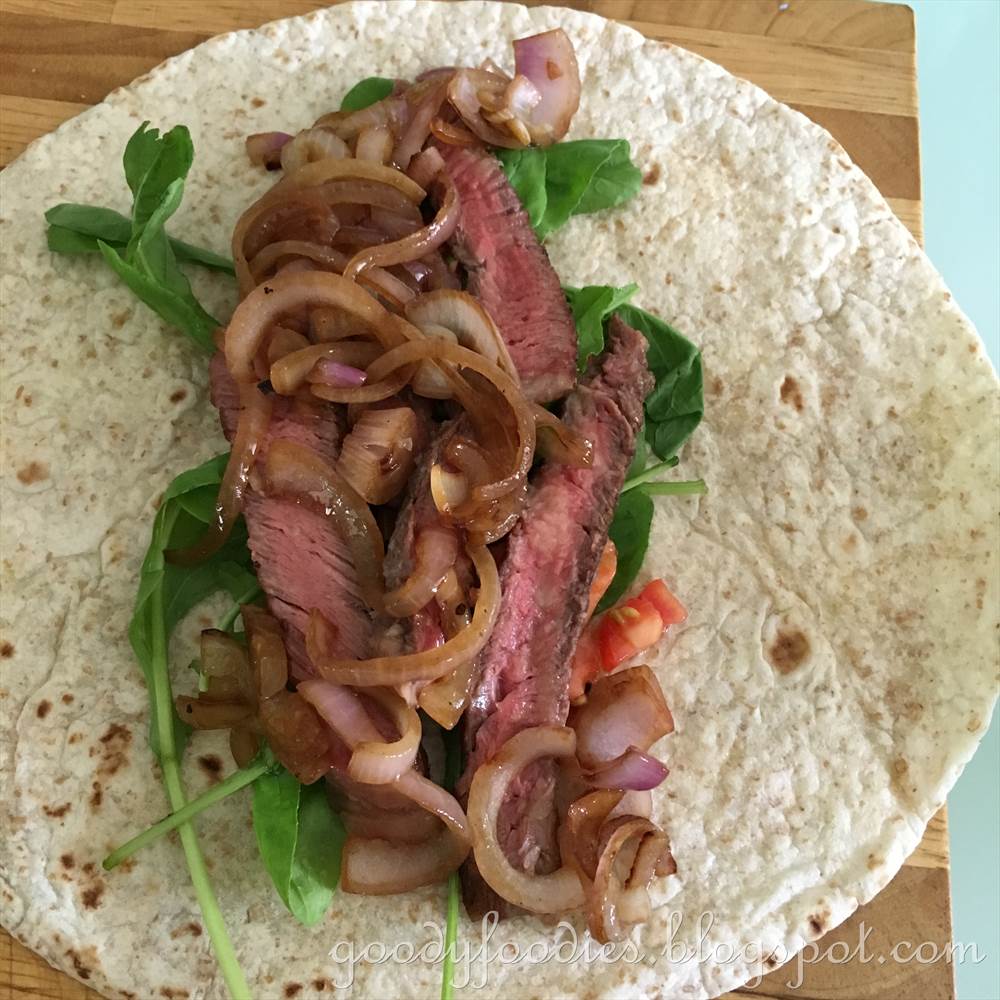 GoodyFoodies Recipe Steak Wrap with Caramelised Onions, Tomatoes and