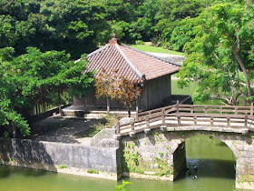 Close-up of bridge and building, Ryutan Pond, Shuri, Naha, Okinawa