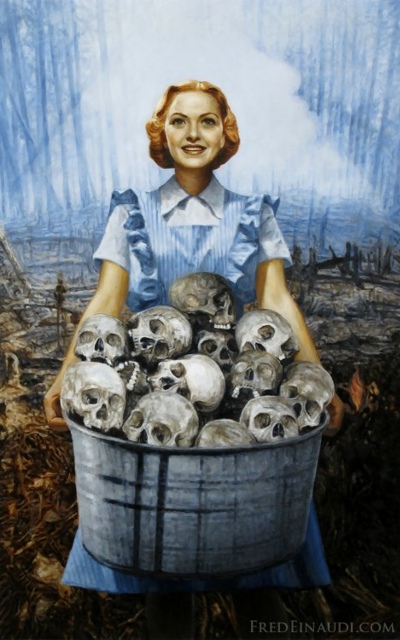 Den glade patriot har samlet fjendens kranier - maleri i stil med krigs-propaganda plakater