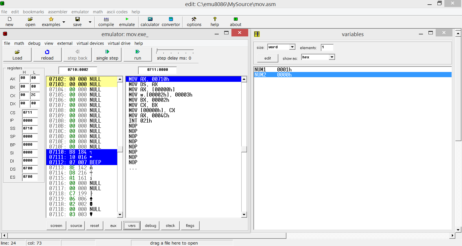 Program to mov data in Assembly Language using emu 8086