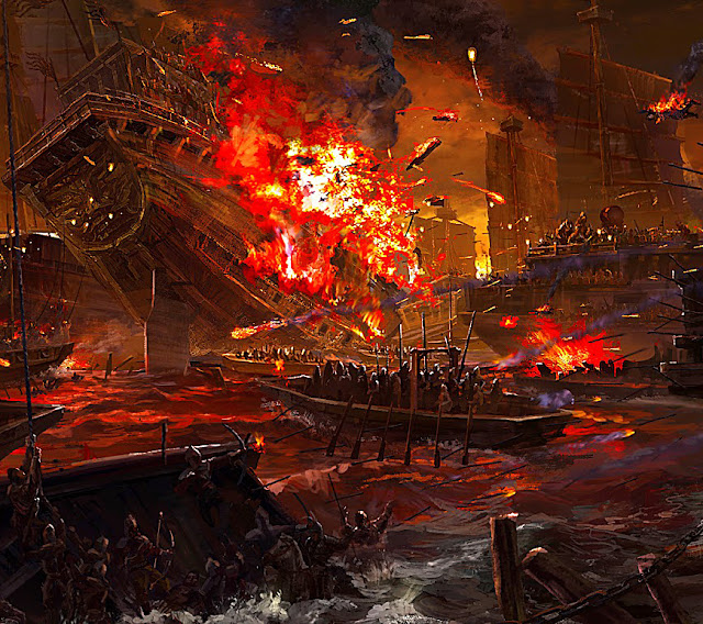 Battle of Lake Poyang: One of Zhu's most decisive battles (and supposedly one of the largest naval battles of the world) Zhu's smaller fleet was able to utterly crush his archrival Chen Youliang's larger fleet of massive junks and tower-ships with clever use of fireships. The fluctuating high records of the participants of the battle ranged from 30,000 vs 300,000 to 200,000 vs 650,000.