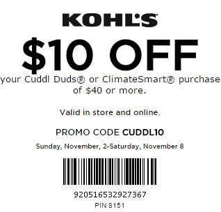 Kohl's coupon discount $10 Off $40 Cuddl Duds purchase 2014