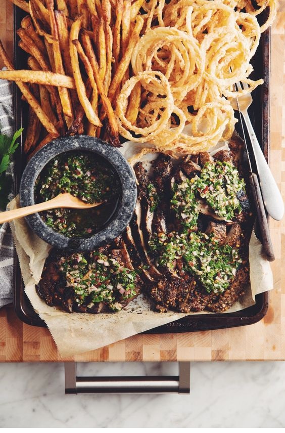 Grilled Portobello Steaks With Chimichurri & Onion Strings