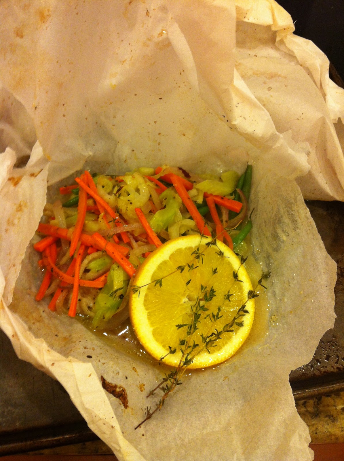 GREAT EATS HAWAII MAHI MAHI COOKED IN PARCHMENT PAPER WITH VEGETABLES