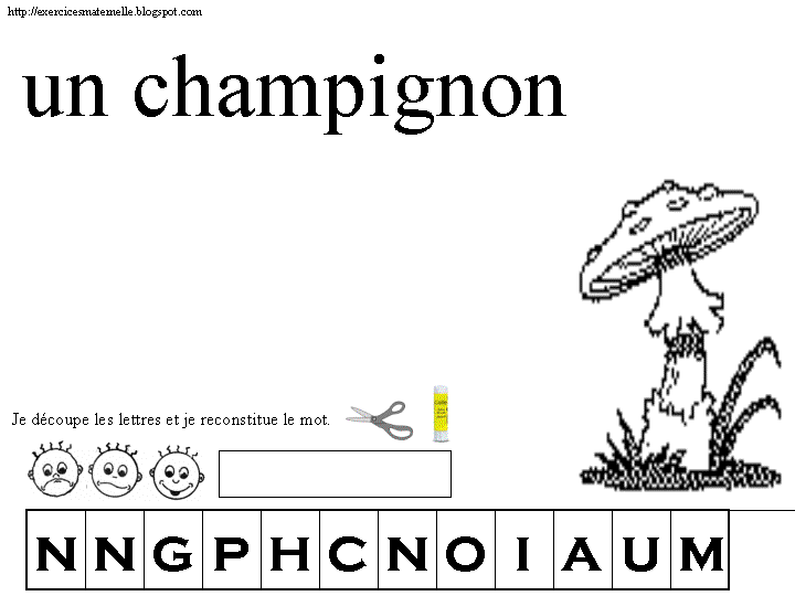 Maternelle Reconstituer le mot "champignon" avec des polices différentes