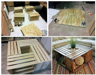 Mesas hechas con cajas de madera recicladas
