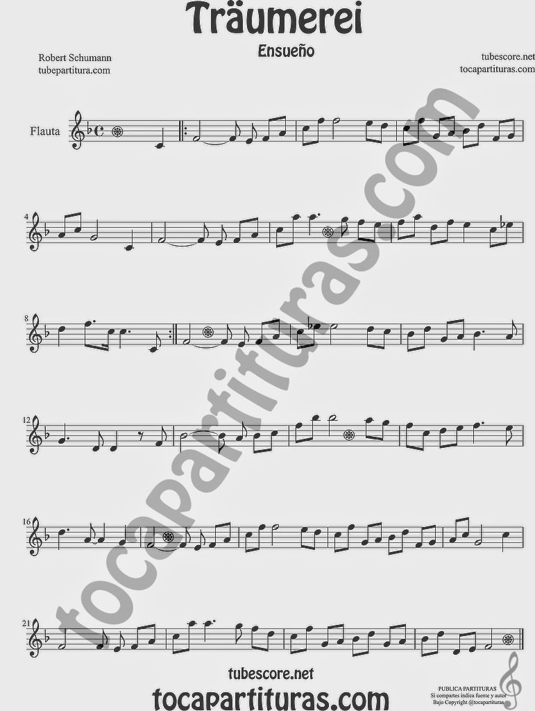 Traumerei Partitura de Flauta travesera o traversa Sheet Music for Flute Music Scores de Robert Schumann