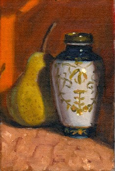 Oil painting of a small blue and white Chinese-style vase casting a shadow on a pear.