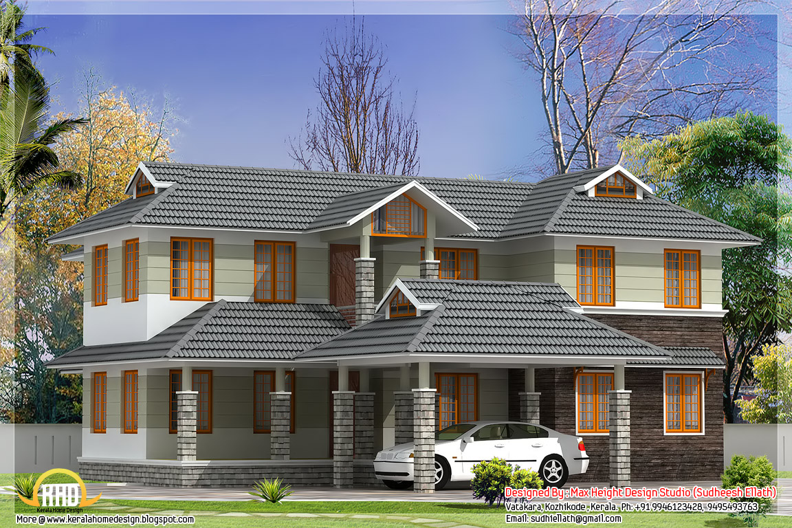 2500 Sq.Ft. sloping roof Indian house elevation - Kerala home ...