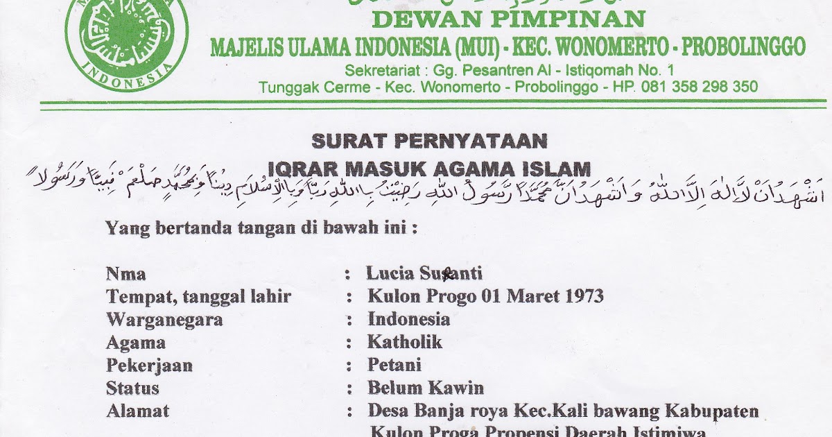 Contoh Surat Pernyataan Masuk Islam Contoh Miri