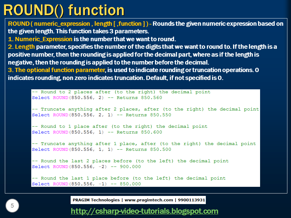 Sql server, .net and c# video tutorial: Part 29 –Mathematical functions