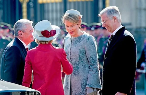 King Philippe and Queen Mathilde of Belgium welcome German President Joachim Gauck and his wife Daniela Schadt during official welcome ceremony at the Royal Palace