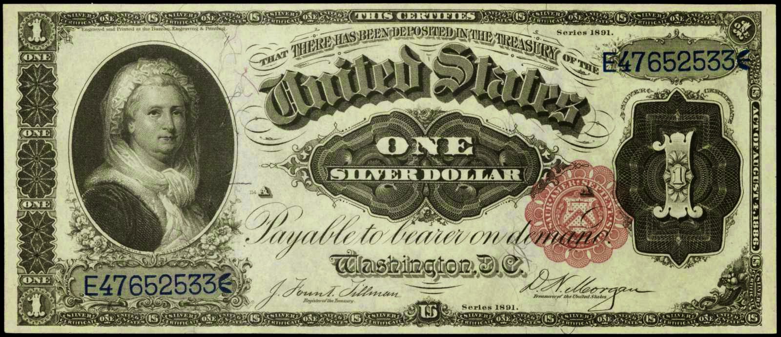 US currency 1891 One Dollar Silver Certificate Martha Washington Note