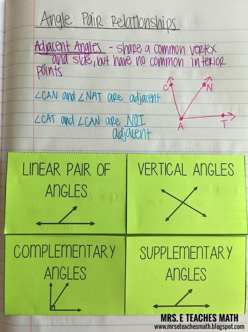 Angle Pair Relationships Interactive Notebook Page | Mrs. E Teaches Math