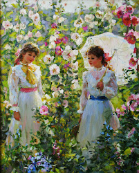 paintings vladimir garden gusev painting simple flower gardener diary hollyhocks among hollyhock