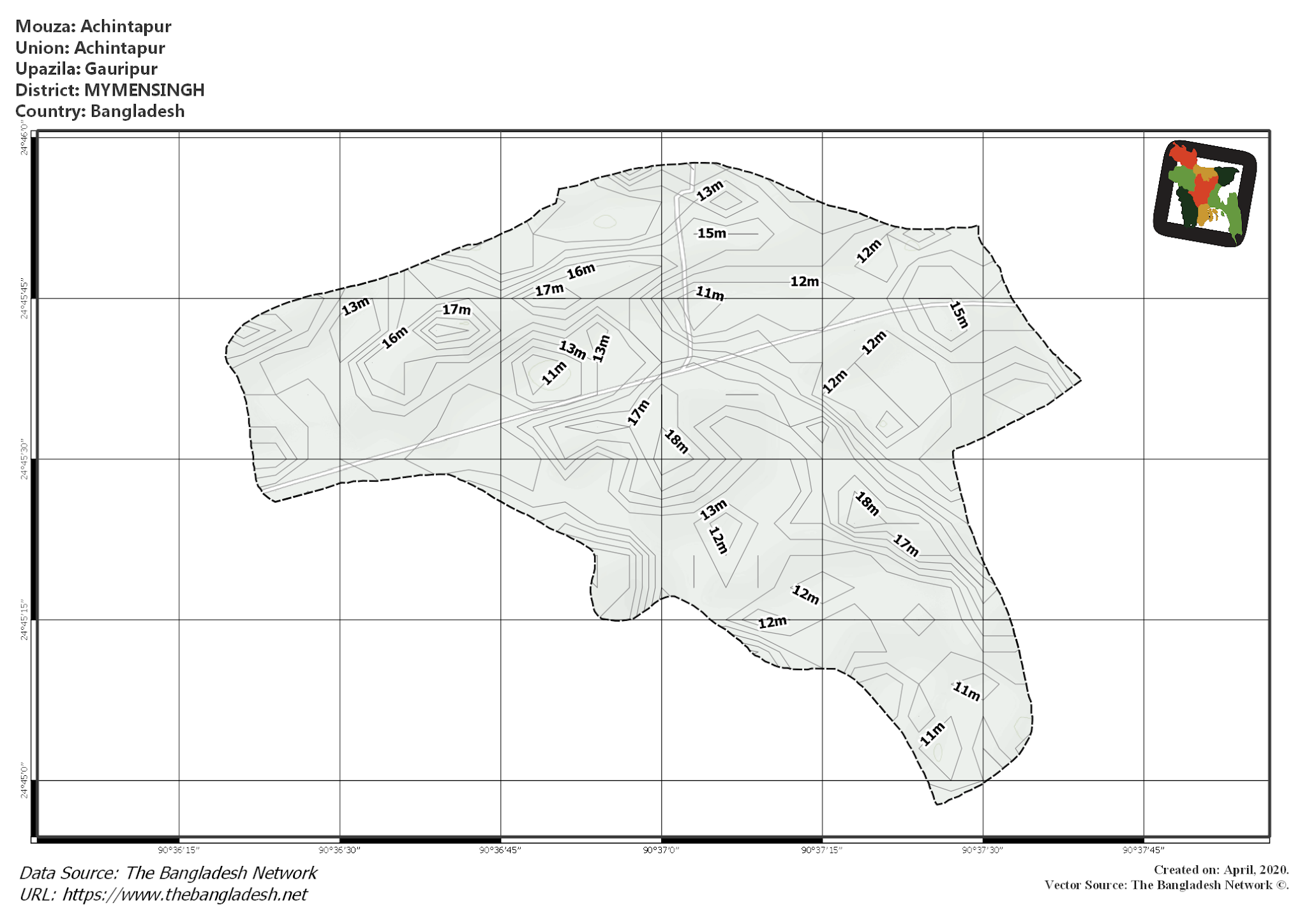 Map of Achintapur Mouza of Gauripur Upazila, MYMENSINGH, Bangladesh.