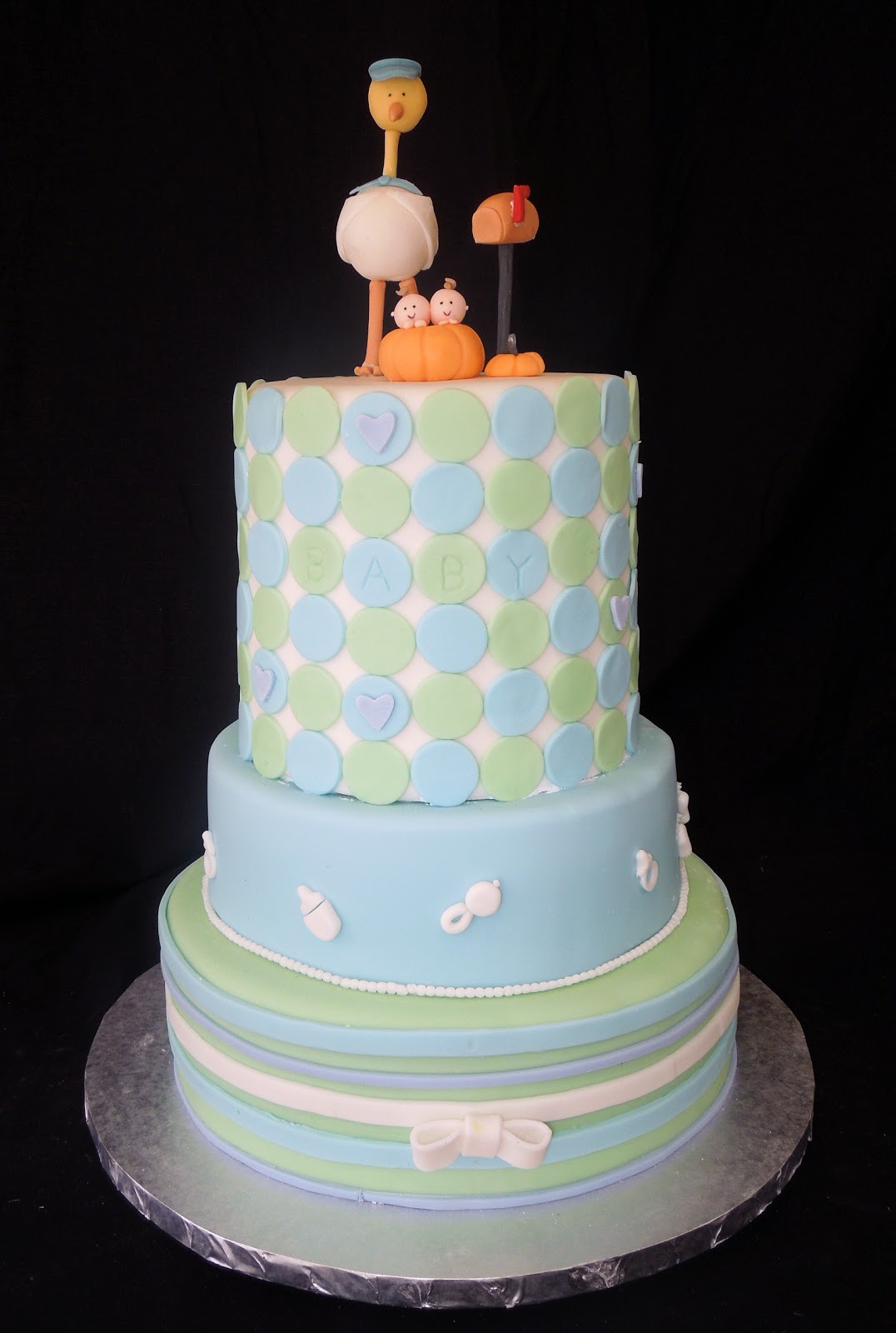 Cake Fiction Stork and Pumpkin Twins Baby Shower Cake