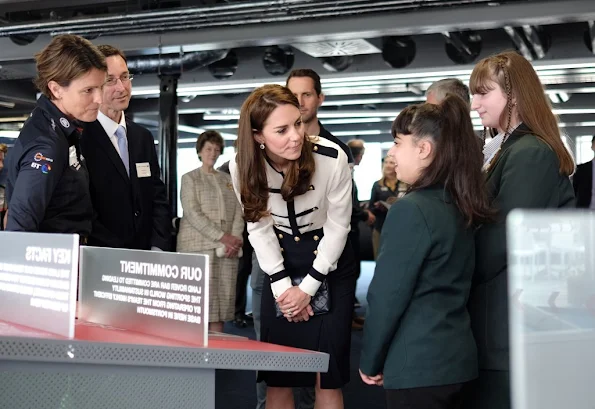 Kate Middleton visited the headquarters of 1851 Trust in Portsmouth. Kate Middleton wore Alexander McQueen dress, Kiki earrings, Rupert Sanderson pumps, shoes