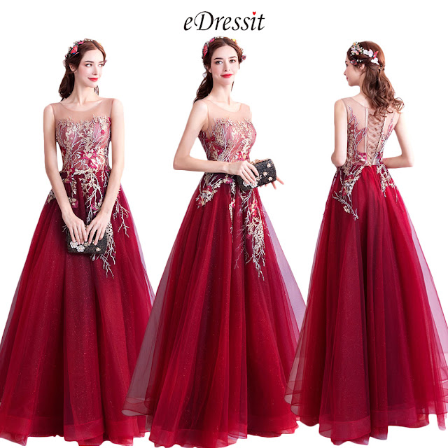 Burgundy Embroidery Sleeveless Prom Party Dress