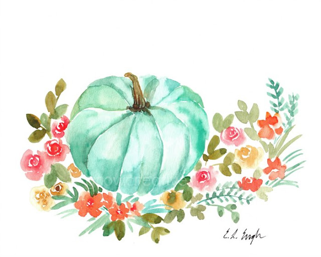 Watercolor Mint Pumpkin with Flowers: Elise Engh