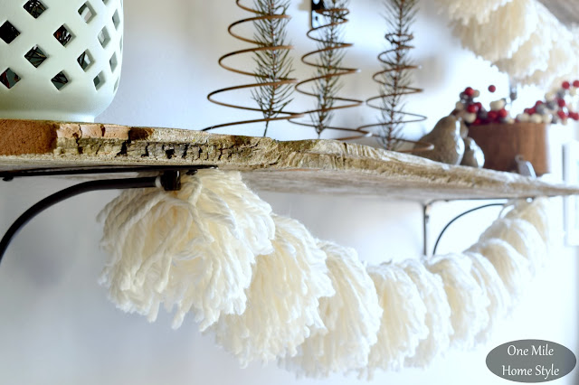 White Yarn Pom Pom Garland Strung on Rustic Wood Shelves - One Mile Home Style