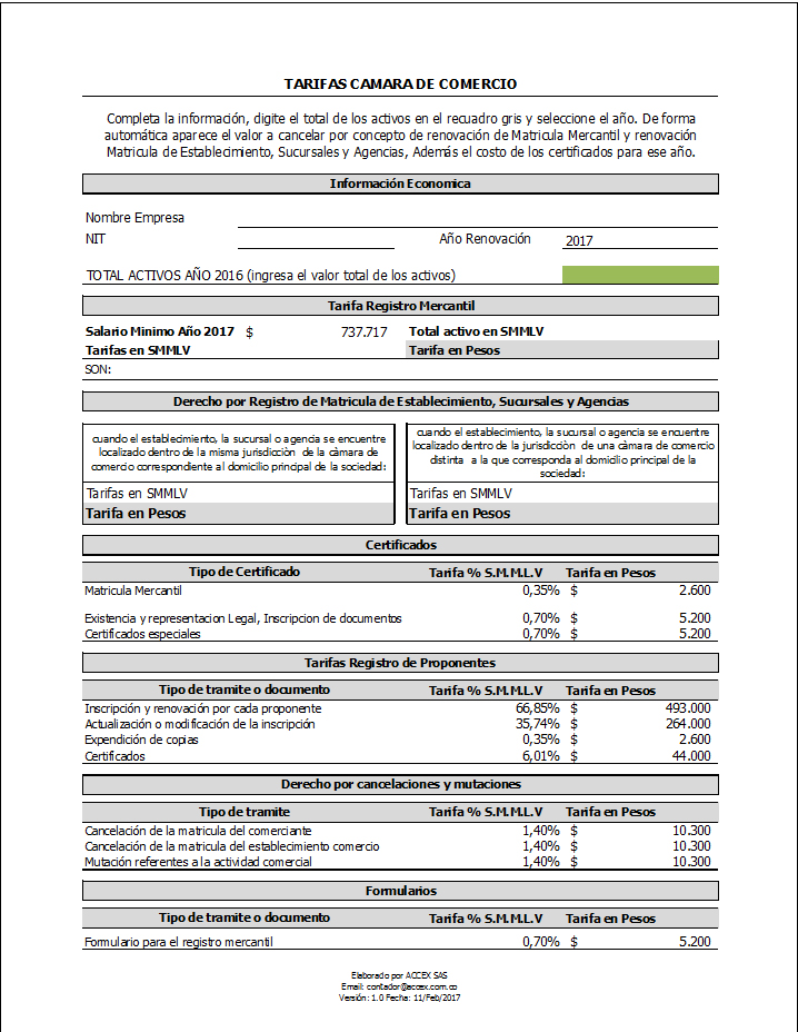 ACCEX Renovación de la matricula mercantil 2017 _ Plantilla Excel tarifas Camara de comercio ACCEX Renovación de la matricula mercantil 2017 _ Plantilla Excel tarifas Camara de comercio