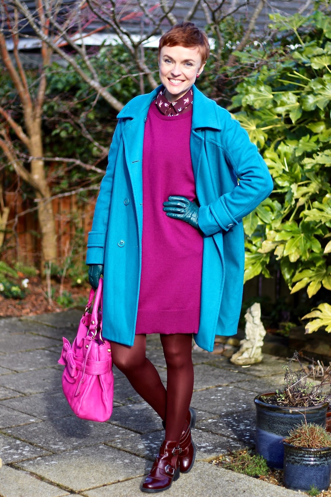 Magenta Wool Dress, Teal Coat, Fuschia Bag | Winter Colour | Fake Fabulous