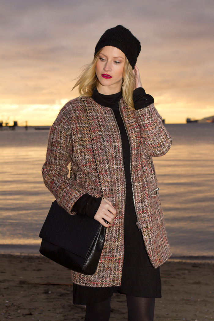 Vancouver Fashion Blogger, Alison Hutchinson, wearing Topshop boxy tweed coat, black sweater dress, Urban Outfitters Toque Beenie, Zara black leather bag, Via Spiga black leather riding boots