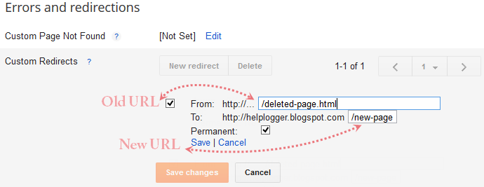 custom redirects , redirect former url to novel url