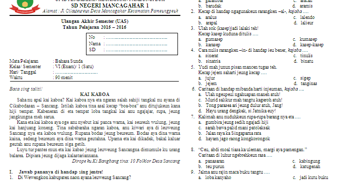 Soal Uas Bahasa Sunda Ktsp Kelas 6 Semester 1 Soal Soal Siswa