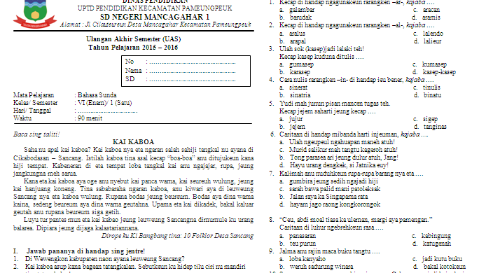 Soal Uas Bahasa Sunda Ktsp Kelas 6 Semester 1 Soal Soal Siswa