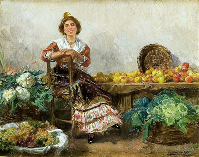 Valenciana vendiendo frutas y verduras, Mariano Barbasan,  Pintores Valencianos, Pintura Costumbrista Valenciana, Retrato de Valenciana, Escena Valenciana, Labradora Valenciana, Pintor Valenciano, Valencianas Pintadas, Pintura costumbrista, Fallera Valenciana, Impresionismo Valenciano, Valencianas en Pintura , Mariano Barbasán Lagueruela