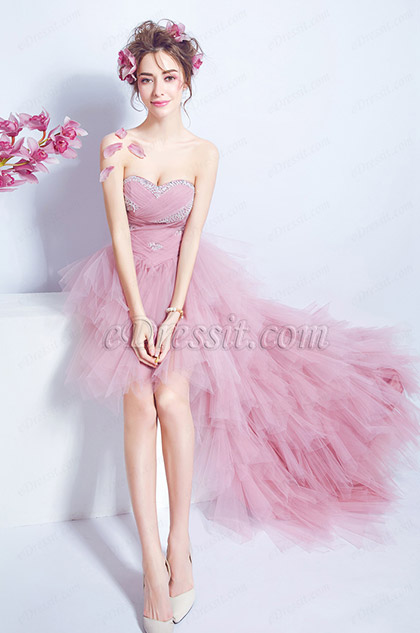 corset fitted high low pink prom dress