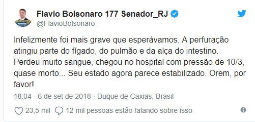 Saiba o estado do Candidato Jair Bolsonaro após ser esfaceado em Juiz de Fora.