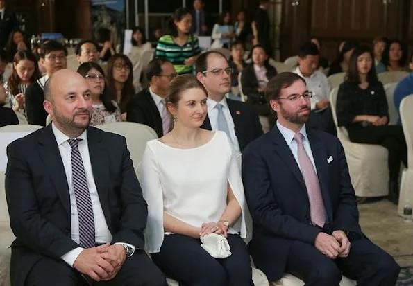 Hereditary Grand Duke Guillaume and Hereditary Grand Duchess Stephanie of Luxembourg visit China, Beijing, Hong Kong, Shanghai. Style of Princess Stephanie