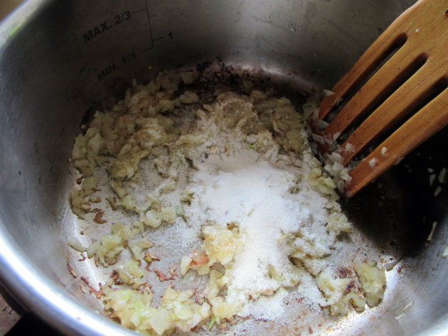 Pressure cooker beef Stroganoff with pasta by Laka kuharica: Add the onion to the pan and sauté