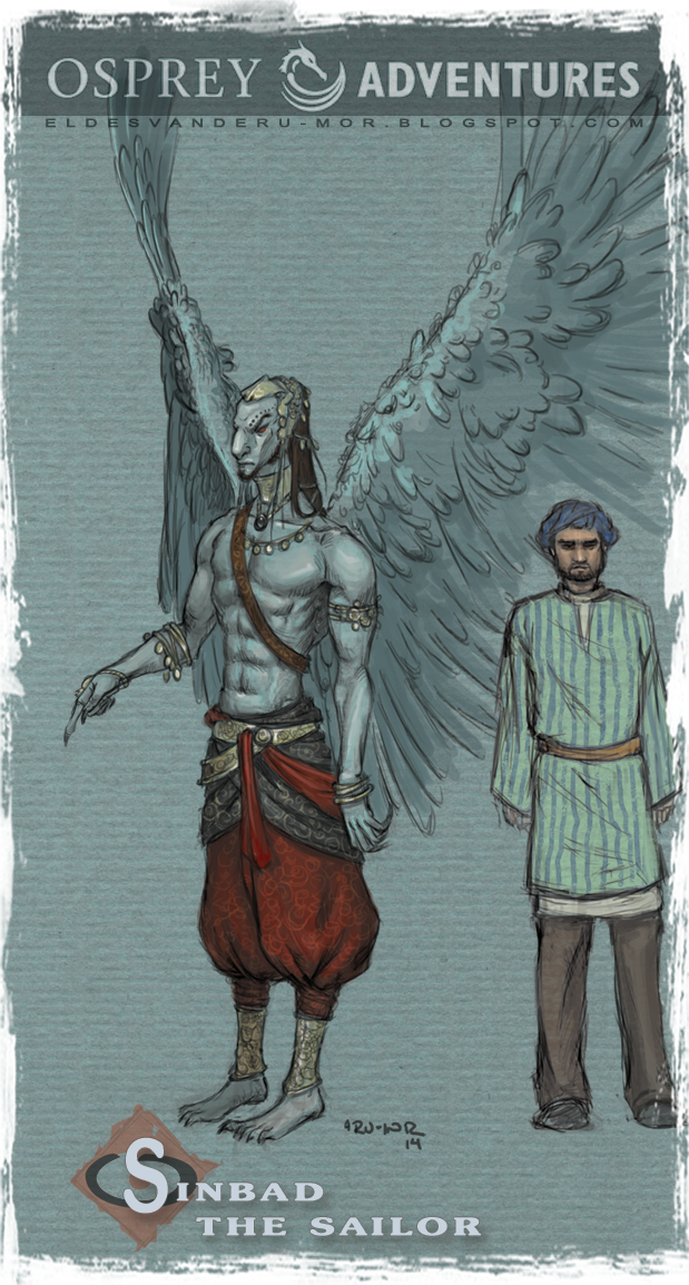Concept art or sketches of a Winged man with Sinbad of the seventh voyage of Sinbad illustrated by RU-MOR for OSPREY Publishing