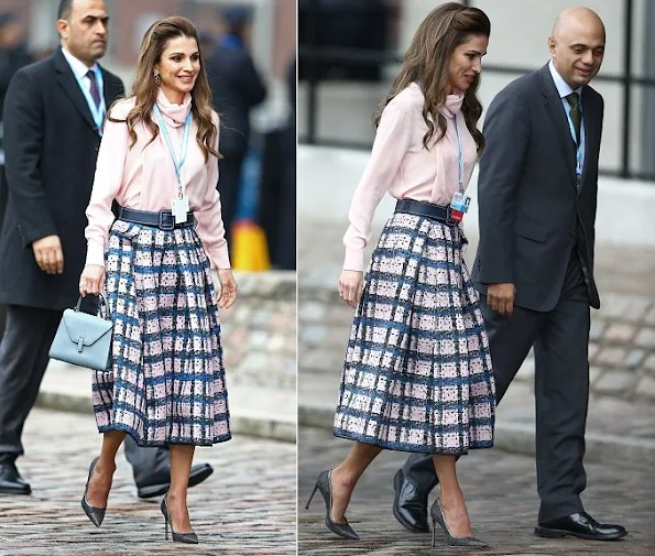 Queen Rania of Jordan arrives at the QEII centre in central London on February 4, 2016, to attend a donor conference entitled 'Supporting Syria and The Region'.