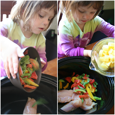 Child pouring frozen bell pepper and pineapple chunks into a crockpot