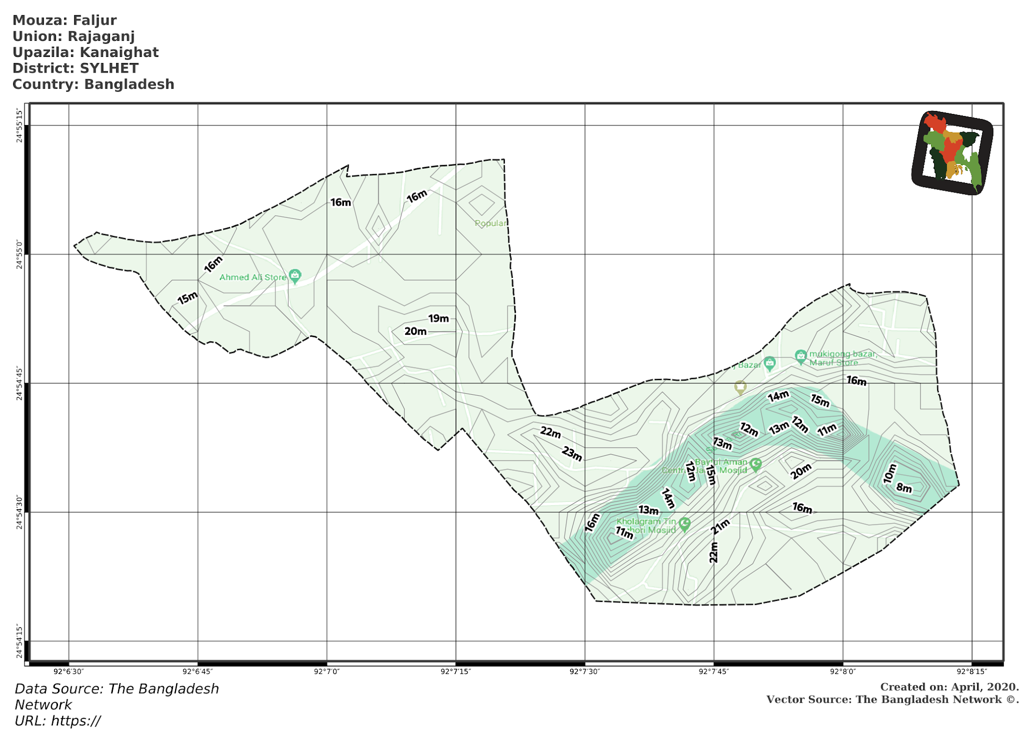 Map of Faljur Mouza of Kanaighat Upazila, SYLHET, Bangladesh.