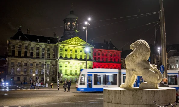 Royal Palace in Amsterdam lighten up with the colors of the Belgian flag as support for the Belgian people after te terror attacks