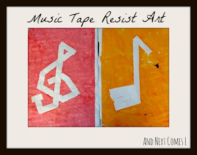 Music tape resist art, just one of many music activities from And Next Comes L