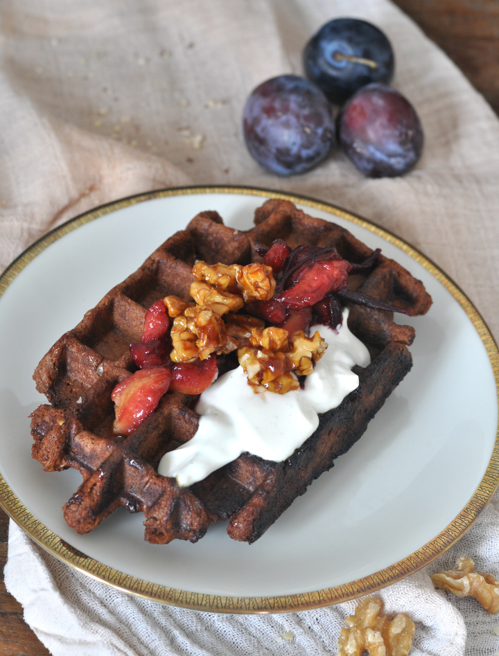 glutenfree Belgian Waffels with nuts and chocolate, the perfect treat for breakfast and long, sunny afternoons
