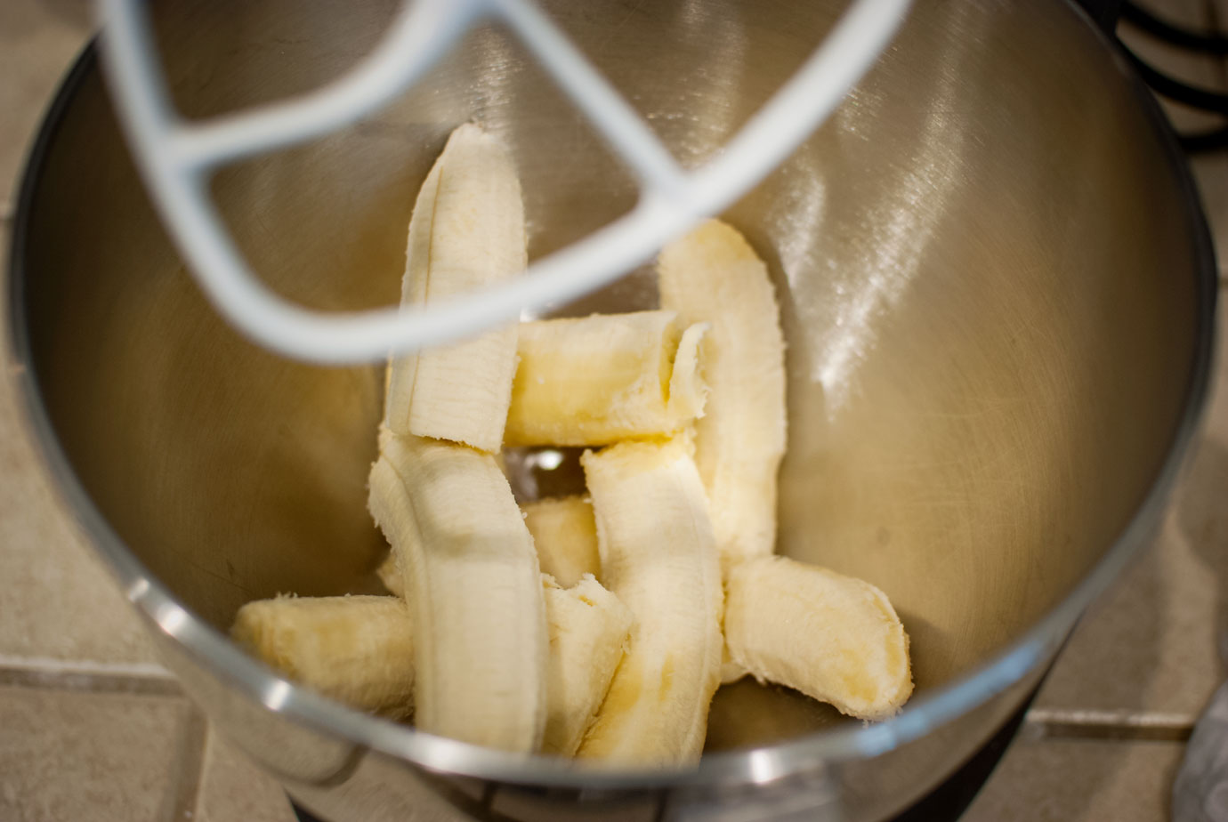Ripe Peeled Bananas in Kitchen Aid Mixer Bowl