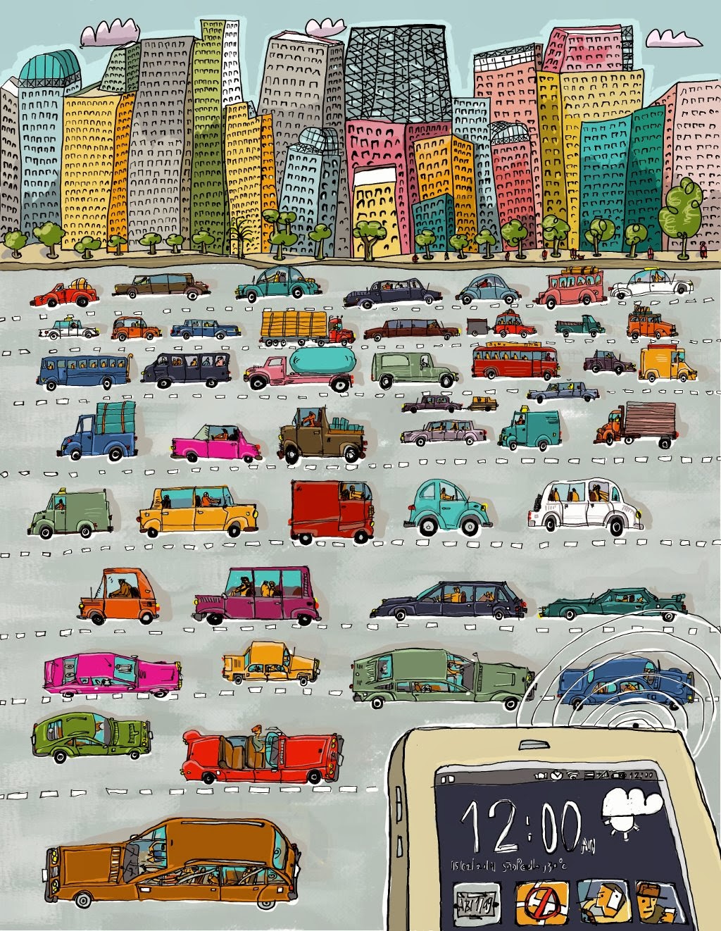 Ilustração sobre os Detrans de vários estados brasileiros e os aplicativos para os smartphones.
